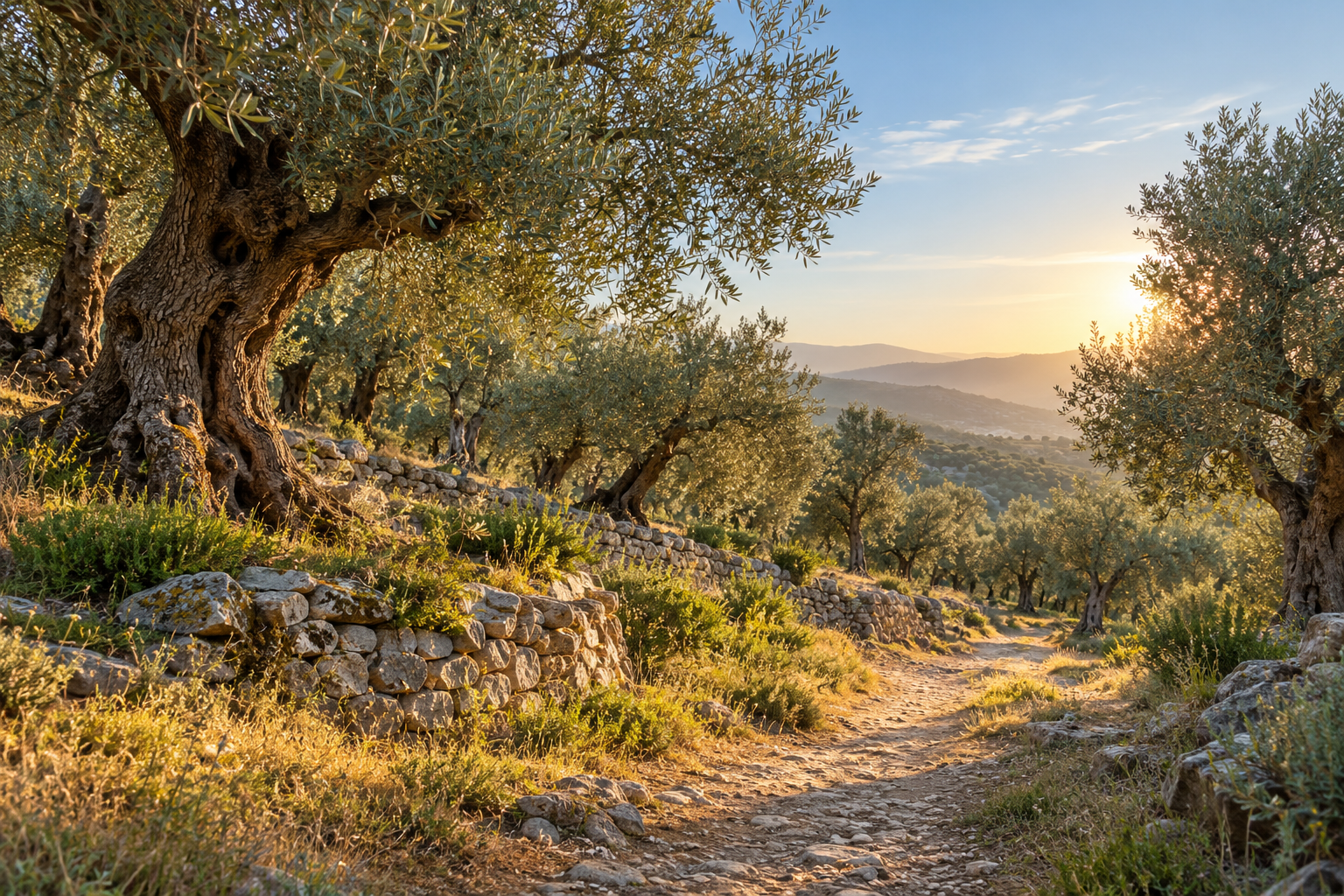 Morning path through ancient olive trees(1)